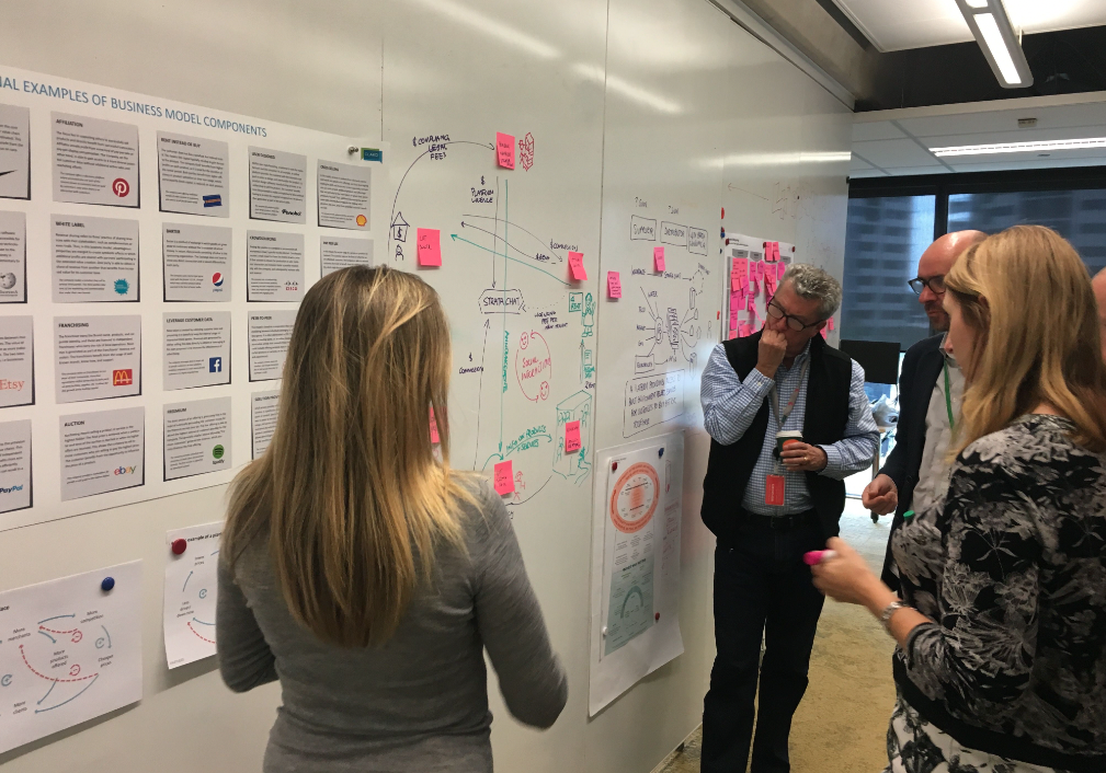 Team members reviewing service design maps and diagrams on a whiteboard covered in sticky notes