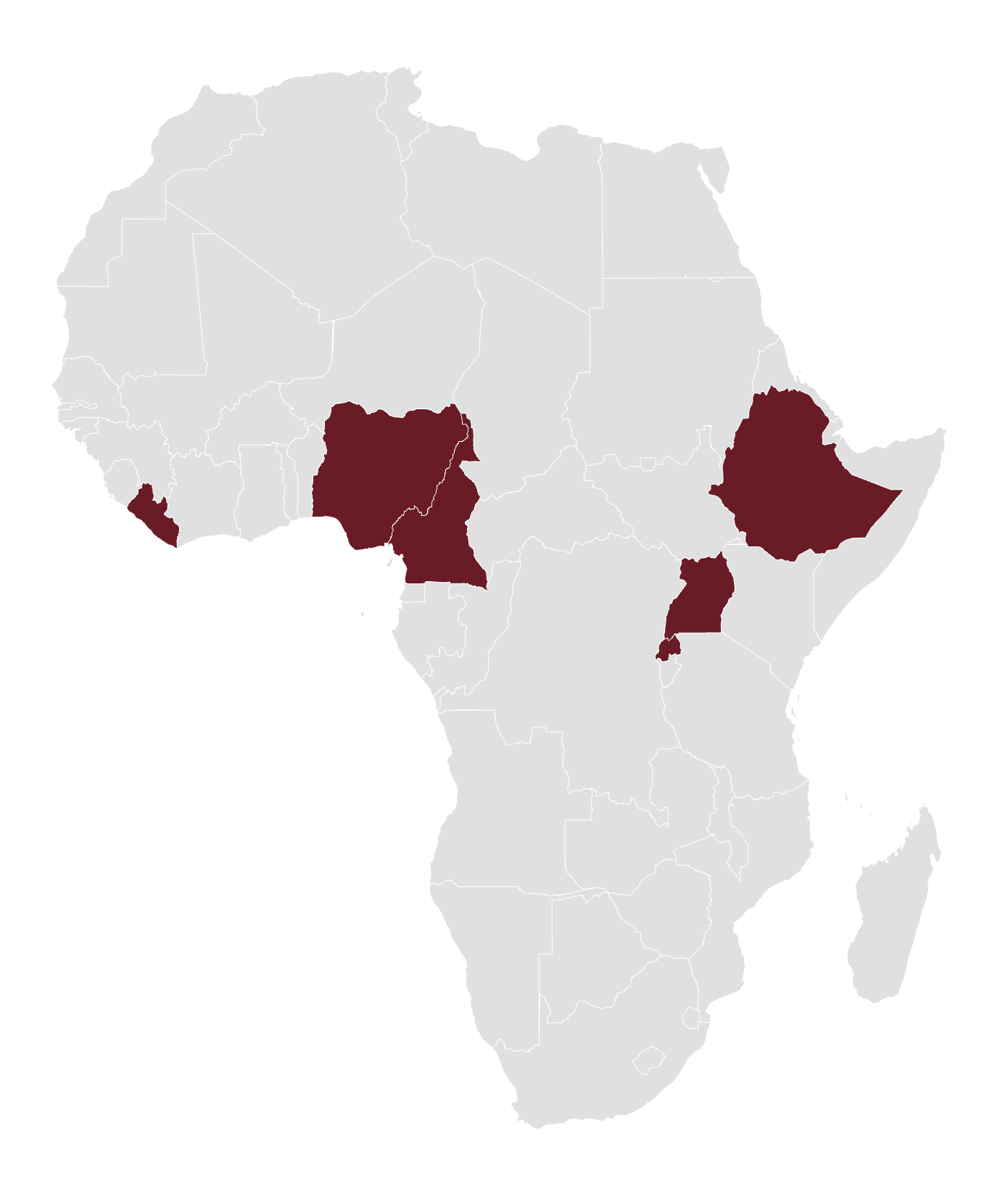 Map of Africa highlighting the five participating countries: Cameroon, Ethiopia, Liberia, Nigeria, and Uganda