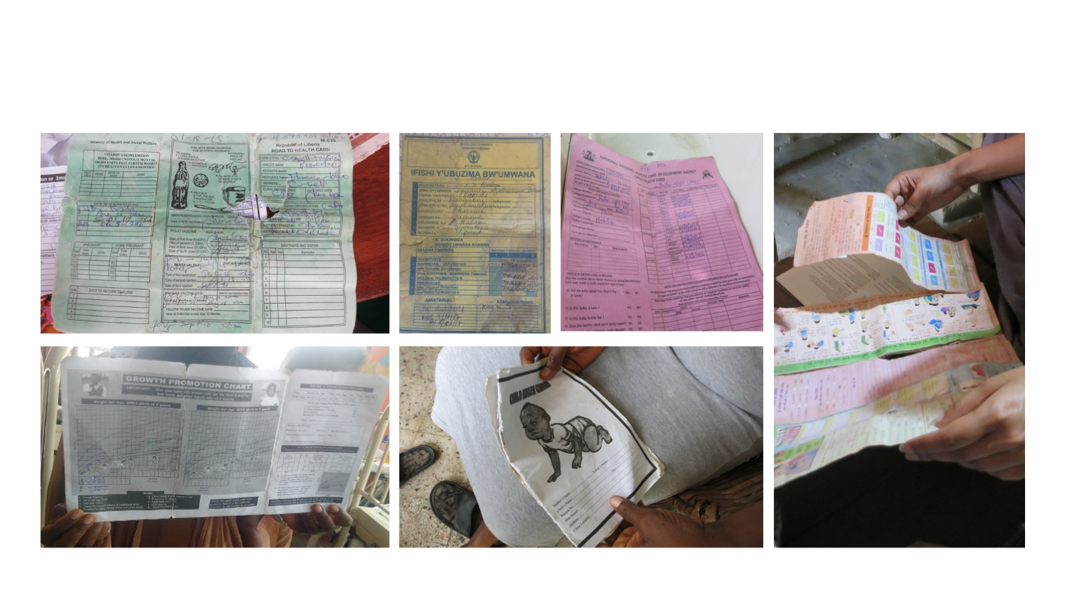 A grouped photograph showing multiple home-based vaccination records, some worn, folded or damaged