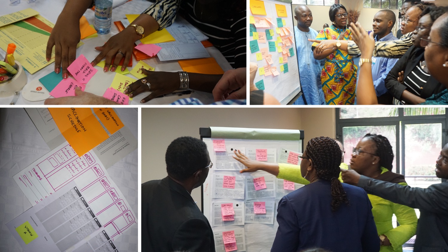 Workshop collage showing participants co-designing HBR prototypes with sticky notes and paper templates in Kampala
