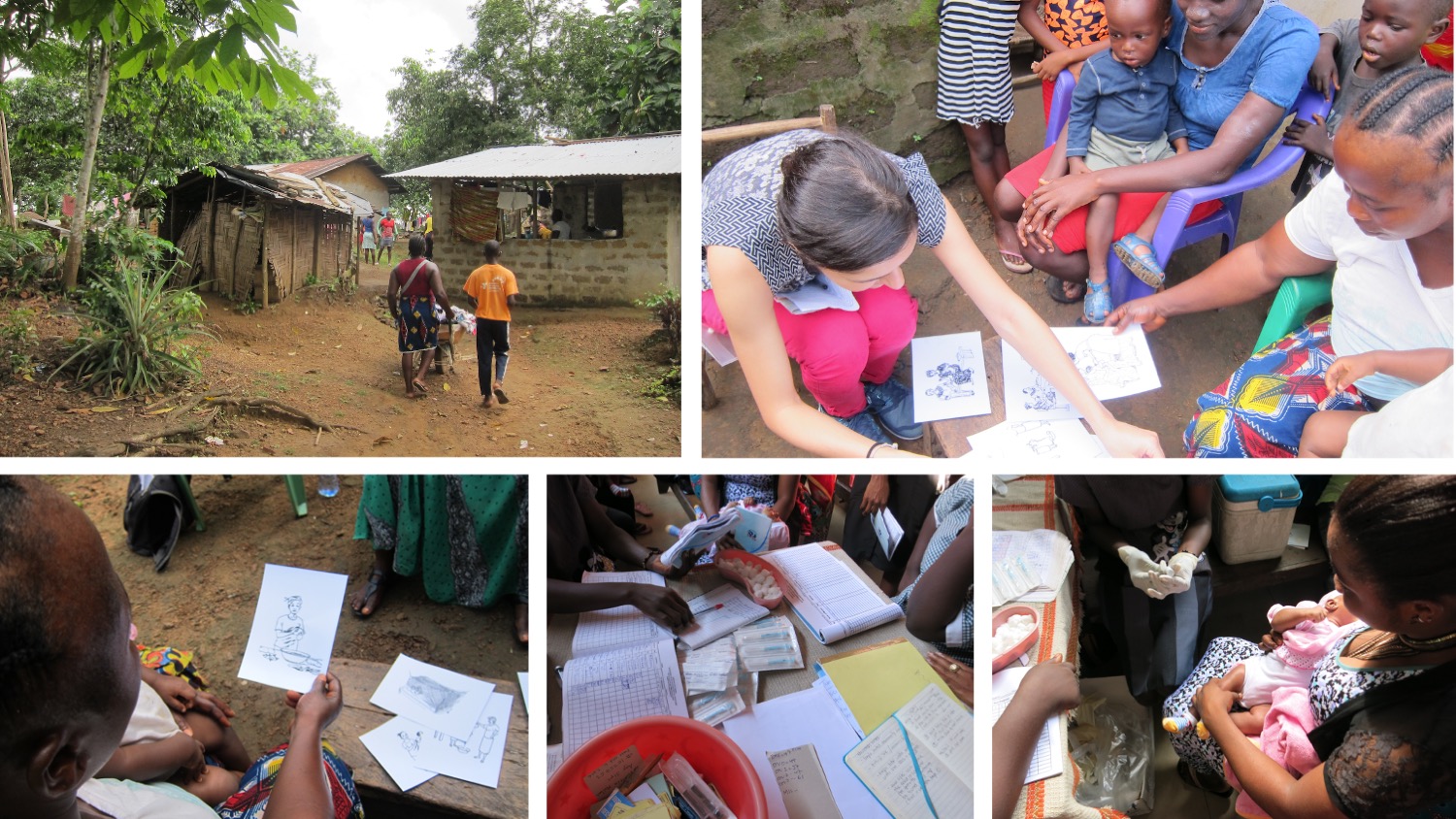 Fieldwork collage showing home visits, interviews and immunisation activities in Liberia